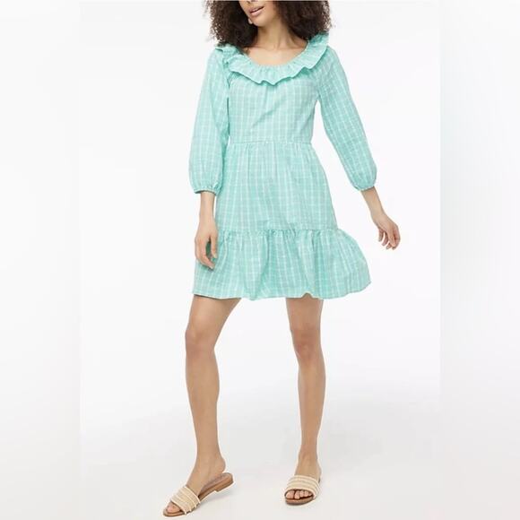 J. Crew Fact Seersucker ruffleneck mini dress Size 00 Variscite Radiant Aqua - Picture 1 of 8